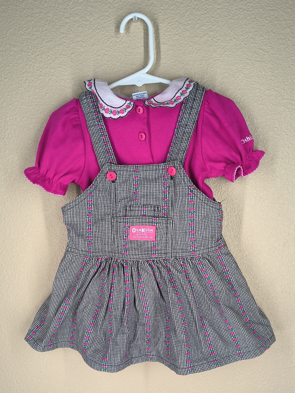 Vintage OshKosh B'gosh Pink Patterned Pinafore Dress And Top Made In USA 24 Mos